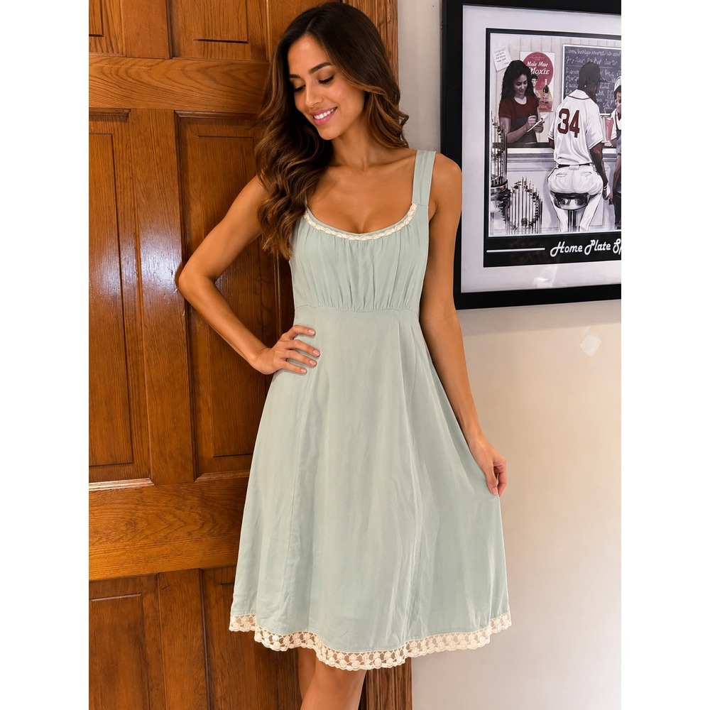 Noa Noa Basic Silk Slip Dress Womens Small Mint Green Lace Trim Cottagecore Boho